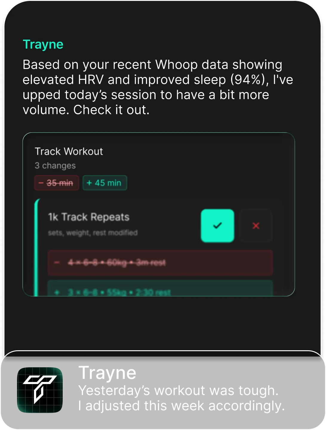 Trayne AI adjusting a workout based on wearable recovery data, showing diff view of session changes